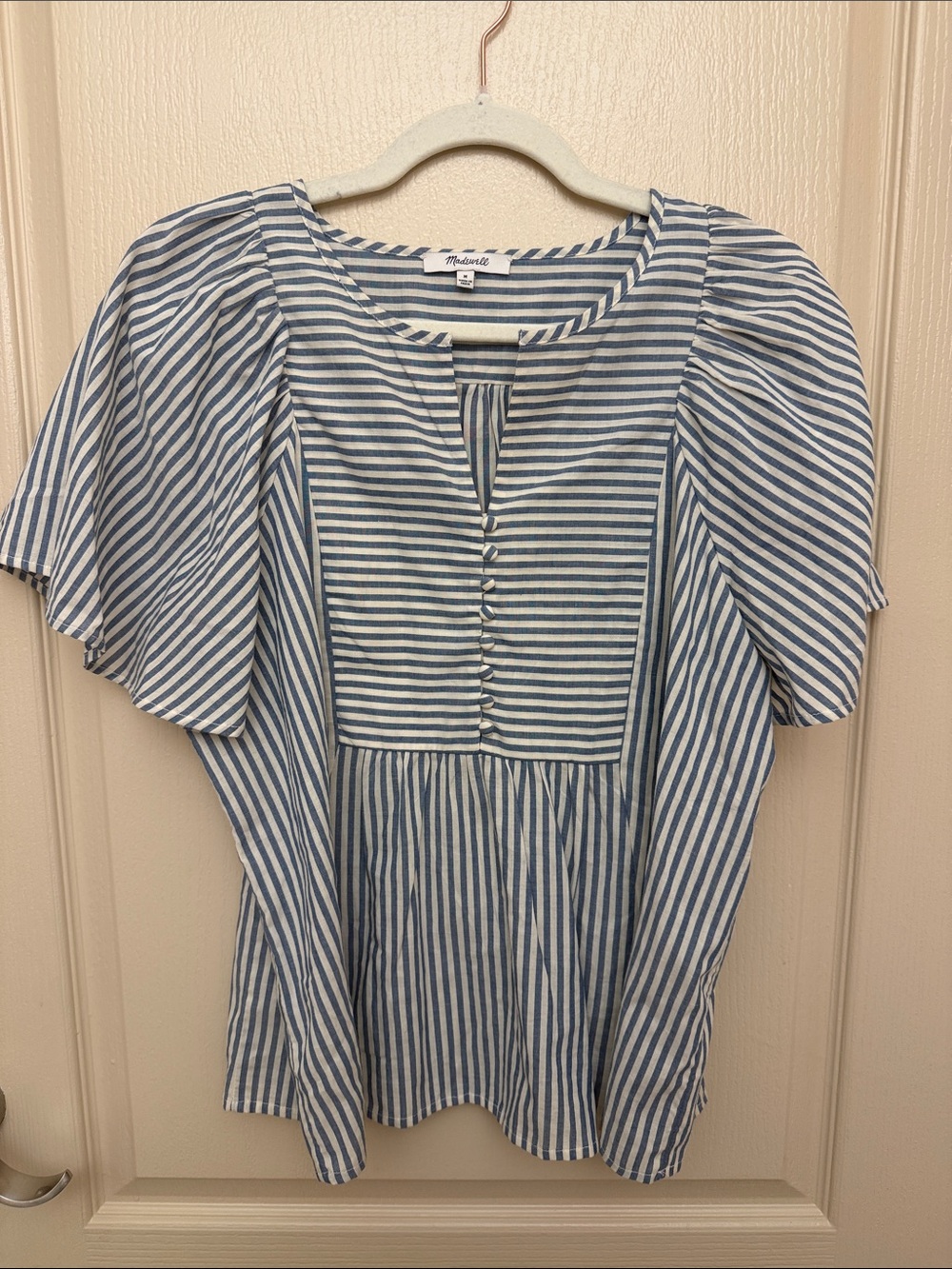 Madewell Blue & White Striped Square-Yoke Flutter Sleeve Top